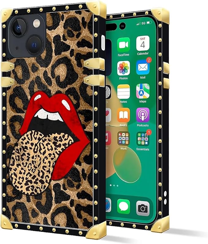 Compatible with iPhone 14 Case, Brown Leopard Print Mouth Luxury Golden Decoration for Girl Women Soft TPU Shockproof Protective Hard PC Back for iPhone 14