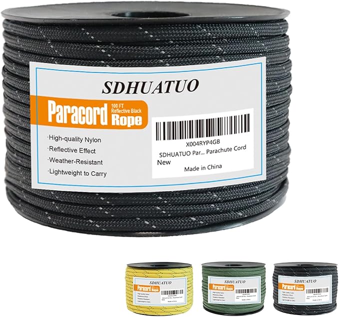 SDHUATUO Paracord Rope 100FT, 550lb Type III Nylon Parachute Cord 7-Strand Core with Reflective Strips, Utility String for Survival, Camping Gear, Hiking, DIY, Crafting, Outdoor, Black