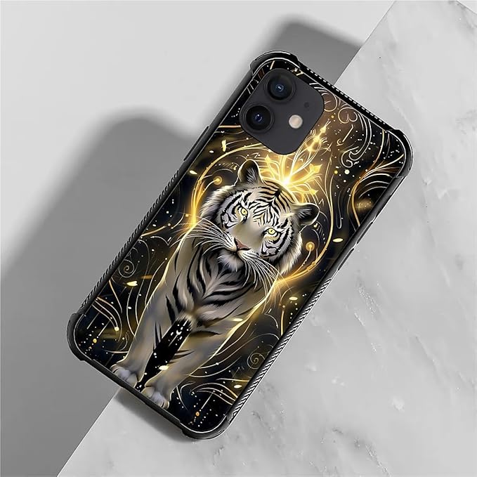 for iPhone 12/12 Pro Case, White Tiger Golden Mystery Pattern Graphic Design Girl Boy Soft Silicone Hard Acrylic Shock Protection for iPhone 12/12 Pro