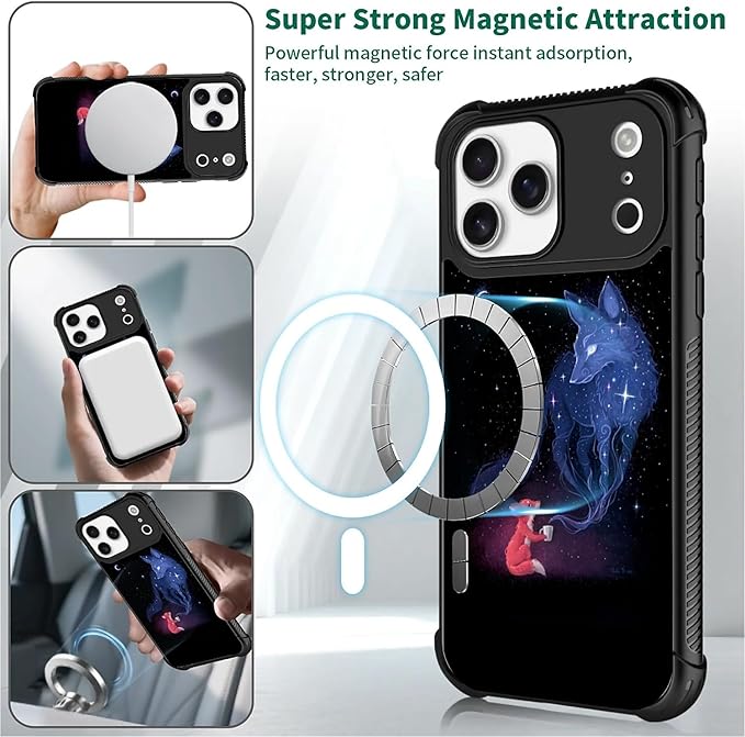 for iPhone 17 Pro Max Case,for MagSafe Graphic Design for Girl Boy Soft Silicone Hard Acrylic Shock Protection Designed for iPhone 17 Pro Max Galaxy Fox Wolf Pattern