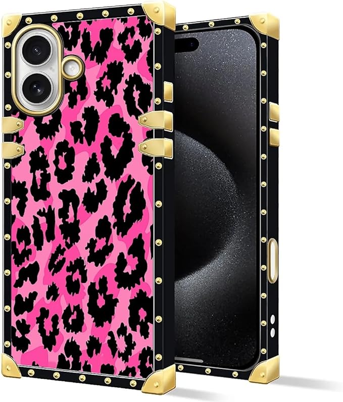 for iPhone 17 Case Luxury Golden Decoration for Girl Women Soft TPU Shockproof Protective Hard PC Back for iPhone 17 Crazy Pattern Pink Black Leopard