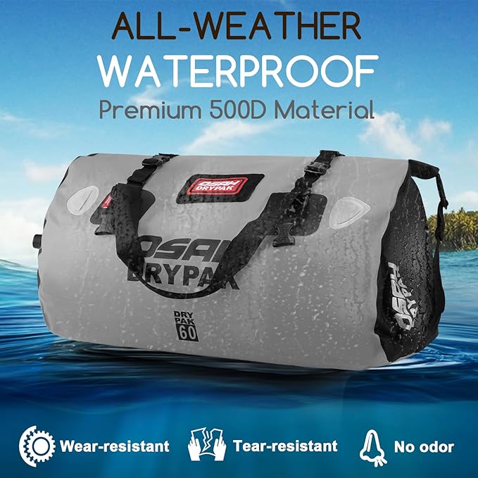 OSAH DRYPAK Waterproof Duffel Bag - Motorcycle Dry Bag Tail Bag with Large Storage Space, Waterproof Luggage Duffle Bags with Outer Mesh Zipper Pocket for Camping, Kayaking, Fishing & Traveling