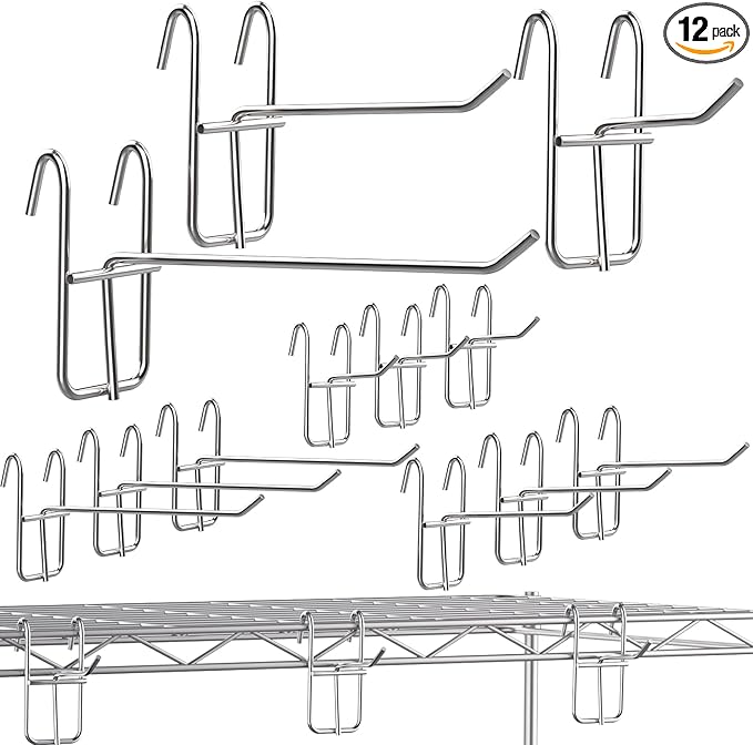 12 Pack 2/4/6 Inch Hooks for Wire Shelving, Heavy Duty Metal Hooks Accessories for Wire Rack Shelf Storage Display Organizer (Silver)