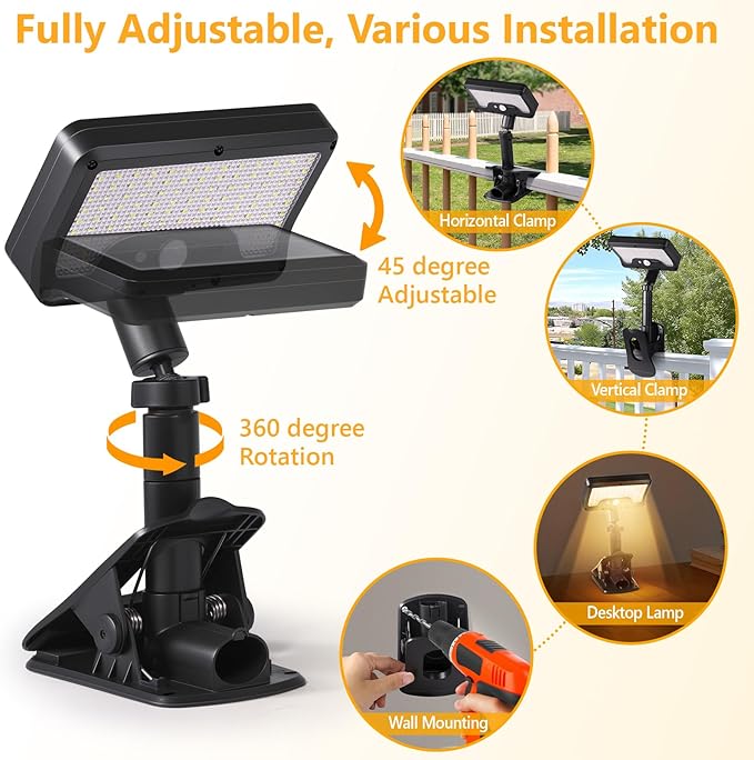 Clip On Solar Lights Outdoor with Motion Sensor, 360°Rotatable & Vertically Adjustable Solar Fence Lights with 92 LEDs (600 LM, 3000 K),IP65 waterproof Security light for deck, Gutter, Camping(4 Pack)