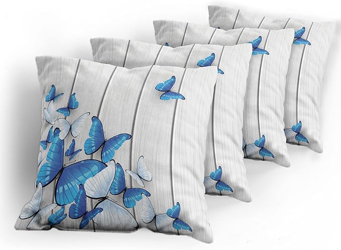 Ambesonne Butterflies Throw Pillow Cushion Case Pack of 4, Blue and White Butterflies on Wooden Background Timber Wall Rustic Life, Modern Accent Double-Sided Digital Printing, 18", Grey White