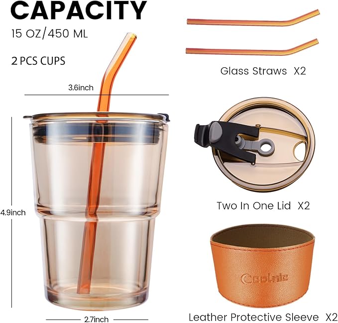 2 PCS Iced Coffee Cups with Lids, 15Oz/450ml Glass Cups With Lids and Straws, Iced Coffee Glasses Tumbler, Thick Wall Glass Mug For Tea Water With 2 Straw And Leather Sleeve, Xmas Gifts (Amber)