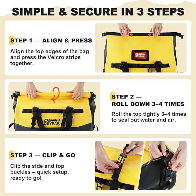 OSAH DRYPAK Waterproof Duffel Bag 25L/40L/60L – Heavy-Duty Motorcycle Tail Bag, Roll-Top Dry Bag for Travel, Camping, Boating, Kayaking, Outdoor Adventure