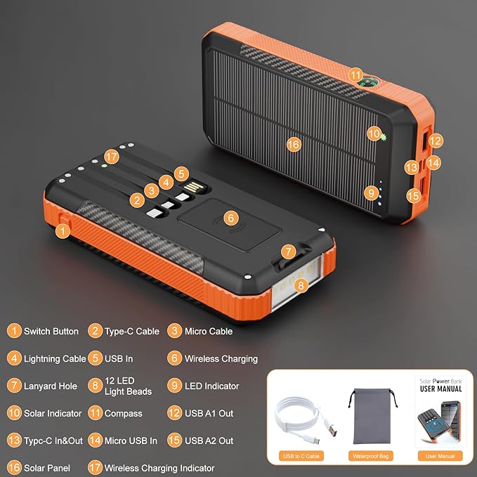 Solar Power Bank 33800mAh with Super Bright LED Flashlight, Built-in 4 Cables & Wireless Charging, Portable Charger with Compass, 7 Outputs & 4 Inputs for Camping/Hiking(Orange)