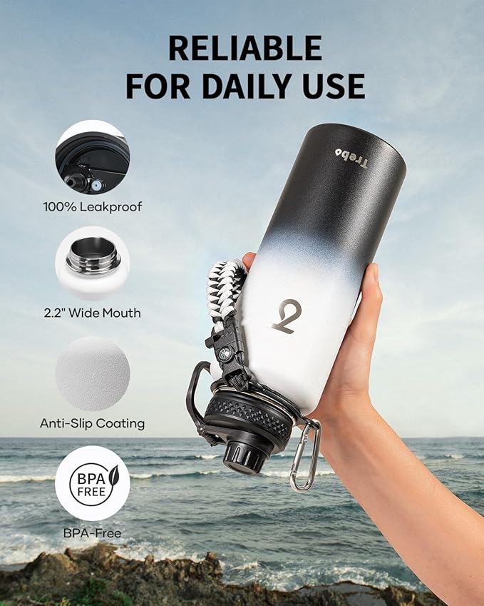 Trebo Water Bottle 40oz with Paracord Handle, Half Gallon Large Vacuum Triple Wall Stainless Steel Insulated Water Jug with Holder Strap Straw Spout Lids, Leakproof Keep Cold & Hot,Black and white