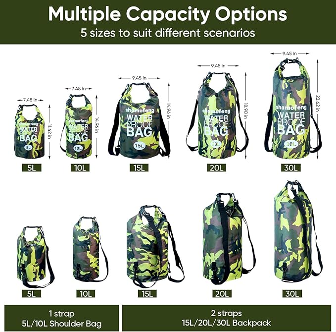 Waterproof Dry Bag 5L/10L/15L/20L/30L Roll Top Dry Storage Backpack with Phone Case, Collapsible Water Bottle, Sunglasses, Ear Band for Kayaking Boating Swimming Fishing Camping, Green 30L