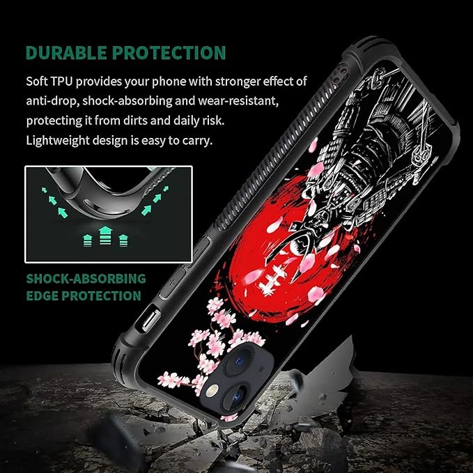 for iPhone 13 Mini Case, Sakura Japanese Samurai Pattern Graphic Design Girl Boy Soft Silicone Hard Acrylic Shock Protection for iPhone 13 Mini