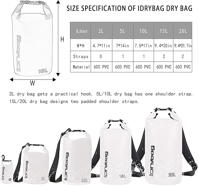 IDRYBAG Dry Bag for Kayaking Waterproof 2L/5L/10L/15L/20L, Small Dry Sack Waterproof Bag for Boating