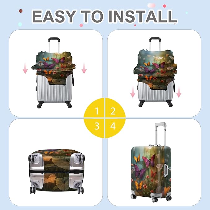 ANNA QUEEN Butterfly Garden Luggage Cover, Colorful Butterfly and Flower Suitcase Protector, Stretchable Washable Travel Sleeve for 24-26 Inch Luggage