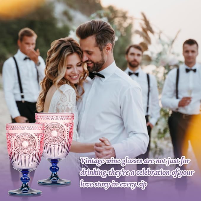 XUWAIDSGN 24Pcs Plastic Vintage Wine Glasses 13.5oz Reusable Embossed Goblet Glasses Pink Blue Gradient Retro Wine Glassware Unbreakable Stemmed Champagne Water Cups for Wine Cocktail Juice Wedding