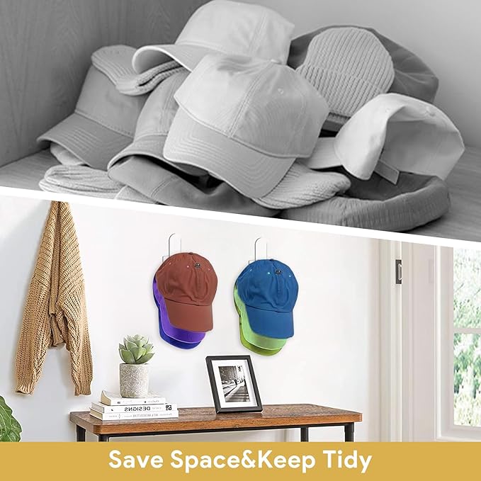 4 Pack Acrylic Hat Organizer,Hat Rack for Baseball Cap,Adhesive Hat Hooks for Wall,Sticky Clear Hat Hooks Display and Storage for Wall/Door/Closet