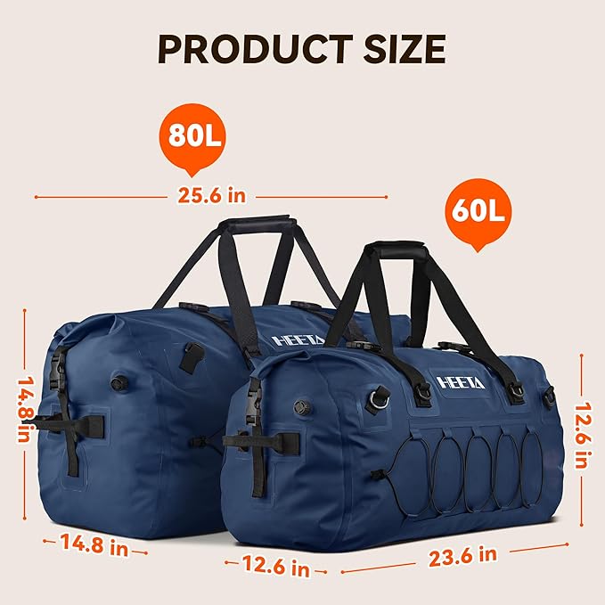HEETA Waterproof Duffel Bag Motorcycle Dry Bag Backpack, 60L/80L Extra Large Rolltop Travel Duffle Bags with Straps & Handles for Kayaking Rafting Boating Canoeing Camping Gym Beach Cruise Ship