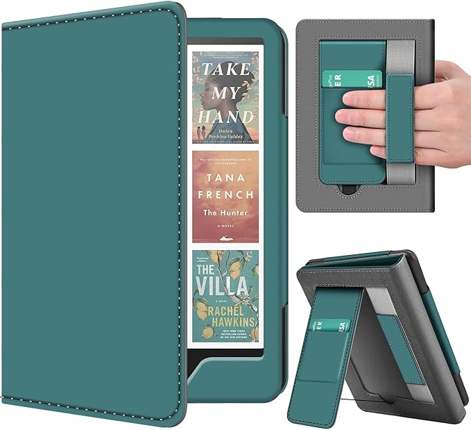 TNP Stand Case for Kindle Paperwhite 12th Generation 2024 / Kindle Colorsoft Signature Edition with Hand Strap & Card Slot - 7" PU Leather Protective Folio Cover with Auto Wake/Sleep, Dark Green