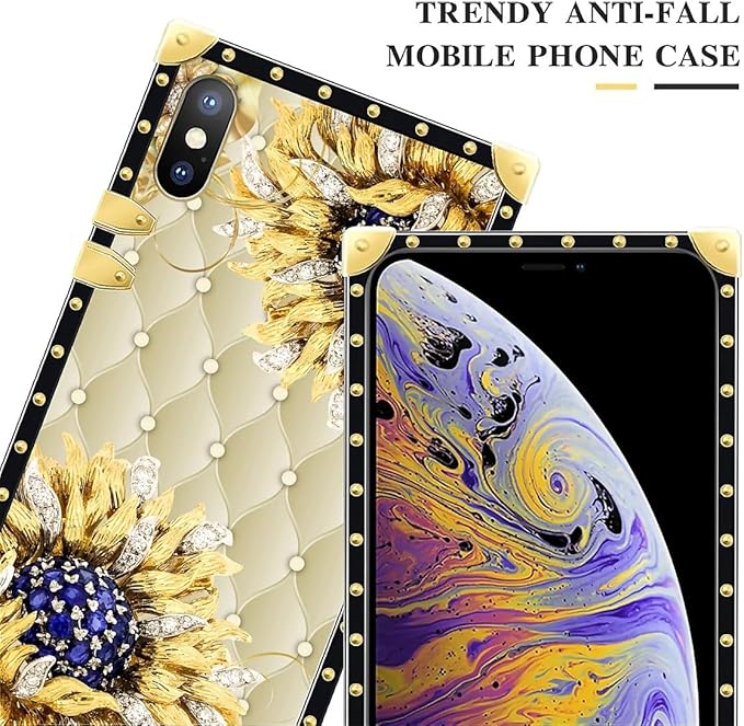 Compatible with iPhone XR Case, Sunflower Diamonds Leather Luxury Golden Decoration for Girl Women Soft TPU Shockproof Protective Hard PC Back for iPhone XR