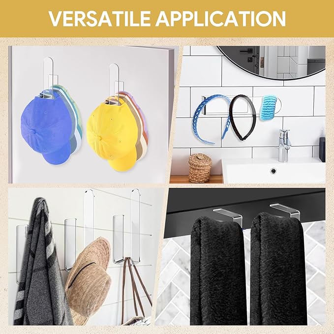 4 Pack Acrylic Hat Organizer,Hat Rack for Baseball Cap,Adhesive Hat Hooks for Wall,Sticky Clear Hat Hooks Display and Storage for Wall/Door/Closet