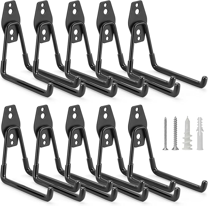 10 Pack Garage Hooks Heavy Duty Storage Organizer Wall Mount Power and Garden Tool Hangers, for Hanging Ladders, Ropes, Hose, Bulk Items