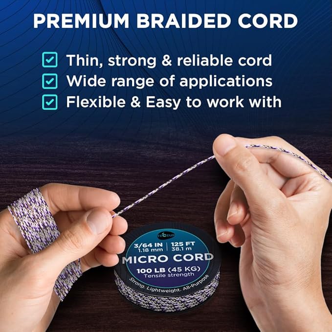 TECEUM Micro Paracord – 1.18 mm X 125 ft – Micro Utility Cord – Thin Braided Paracord Rope – Best for Crafting, DIY Projects, Fishing, Camping – Wind Chime Replacement – Survival Strong String