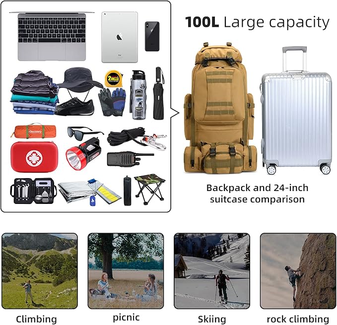 100L Camping Hiking Backpack,Molle military Tactical rucksack backpack,Waterproof Lightweight Hiking Backpack