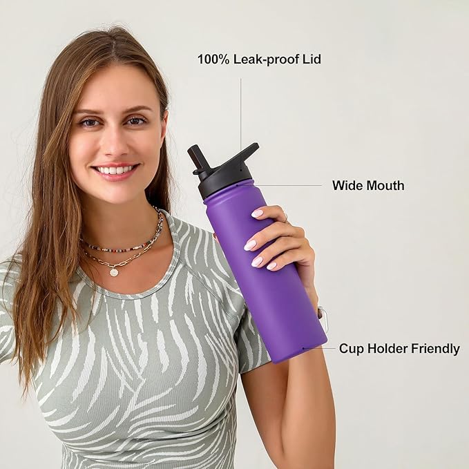 mininoo 24 oz Insulated Water Bottle with Straw Lid, Stainless Steel Double Wall Vacuum, Leak Proof, BPA Free, Keep Cold for 24H & Hot for 12H(Purple)