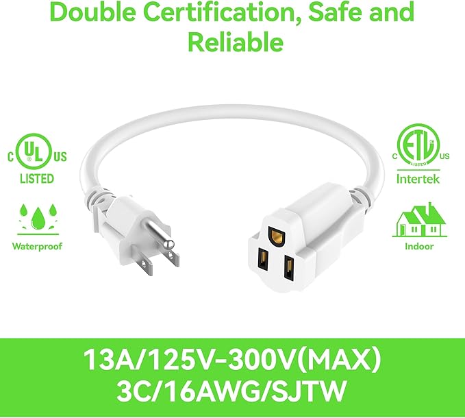 Power Extension Cord 7FT/84Inch, 3 Prong Grounded Electric Extension Cable Outlet Saver, Single Outlet, Heavy Duty, Waterproof, Flexible, 16AWG, SJTW, 13A 125V, Outdoor and Indoor Power Wire(White)