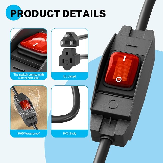 FIRMERST 1875W Outdoor Extension Cord with Switch Waterproof Black 3 Feet