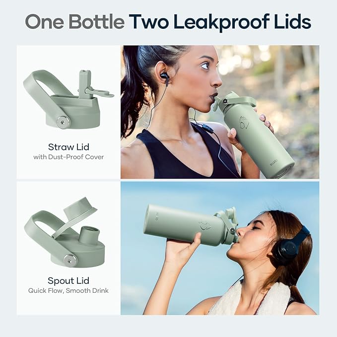 BUZIO 40 oz Water Bottle Insulated, Triple Wall Vacuum Stainless Steel Flask (Cold for 48 Hrs), Leakproof BPA-Free Wide Mouth Metal Jug Hydro Canteen with 2 Lids, Sage Green
