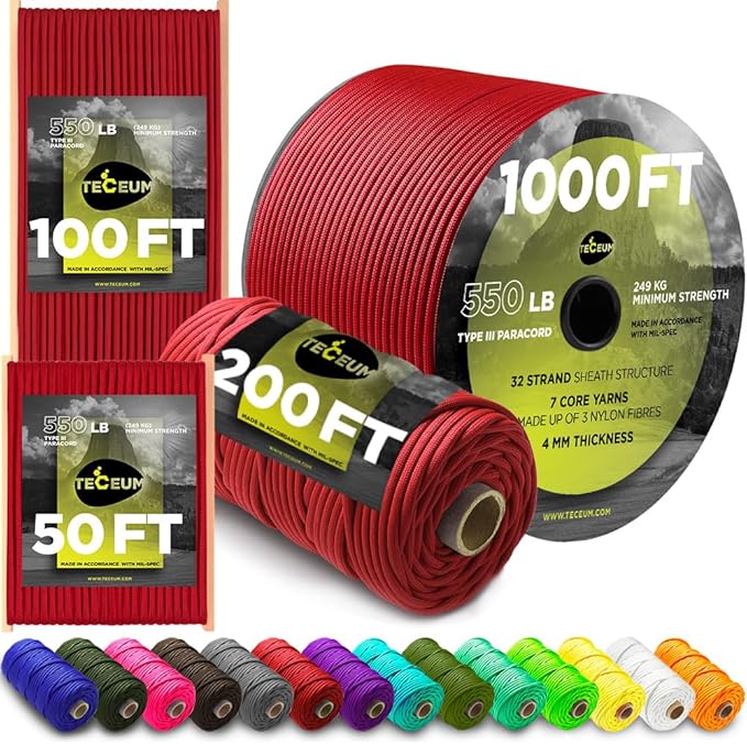 TECEUM Reflective Paracord Rope 1000 – 1000ft/200ft/100ft/50ft – 40+ Colors – Glow in The Dark – para Cord – Utility Rope for Survival, Hunting & Camping Gear – Nylon String, Camping Rope, Tent Cord