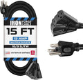 Iron Forge Cable 15 Ft Black Extension Cord with 3 Outlets - 16/3 SJTW 15 Foot 3 Outlet Outdoor Extension Cord 3 Prong, Weatherproof Exterior Power Cable for Outdoor
