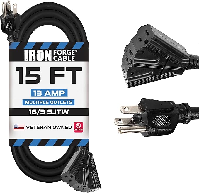 Iron Forge Cable 15 Ft Black Extension Cord with 3 Outlets - 16/3 SJTW 15 Foot 3 Outlet Outdoor Extension Cord 3 Prong, Weatherproof Exterior Power Cable for Outdoor
