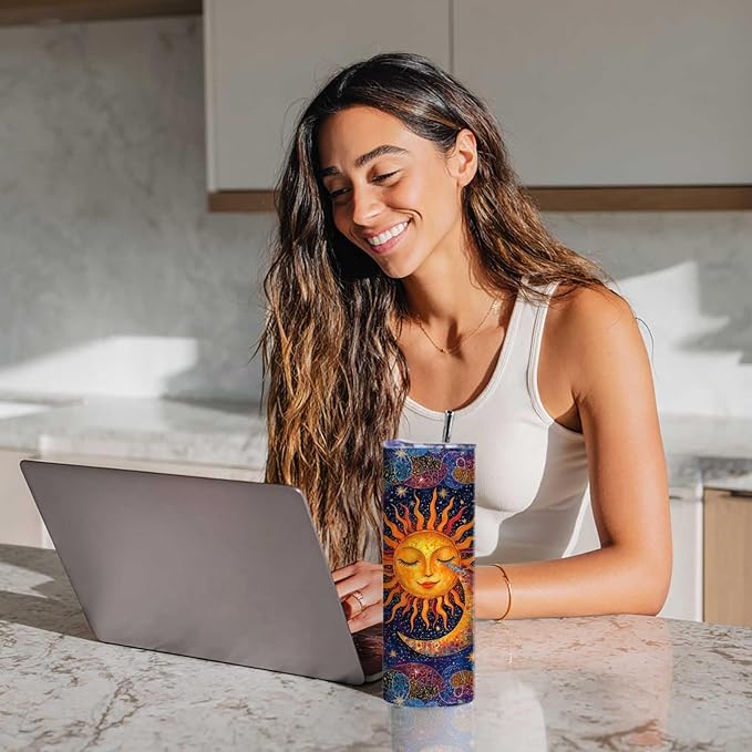 Firmiso 20 oz Tumbler | Skinny Insulated Travel Mug with Leak-proof Lid and Telescopic Straw | Sun and Moon Celestial Stainless Steel Coffee Cup | Christmas Gifts for Women and Men