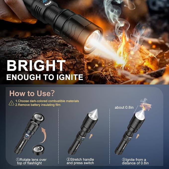 SKYFIRE Rechargeable Flashlights High Lumens with Ignition Lens,5000mAh Super Bright Flashlight Waterproof Powerful LED Tactical Flash Light for Camping Essentials Outdoor Home&Gifts