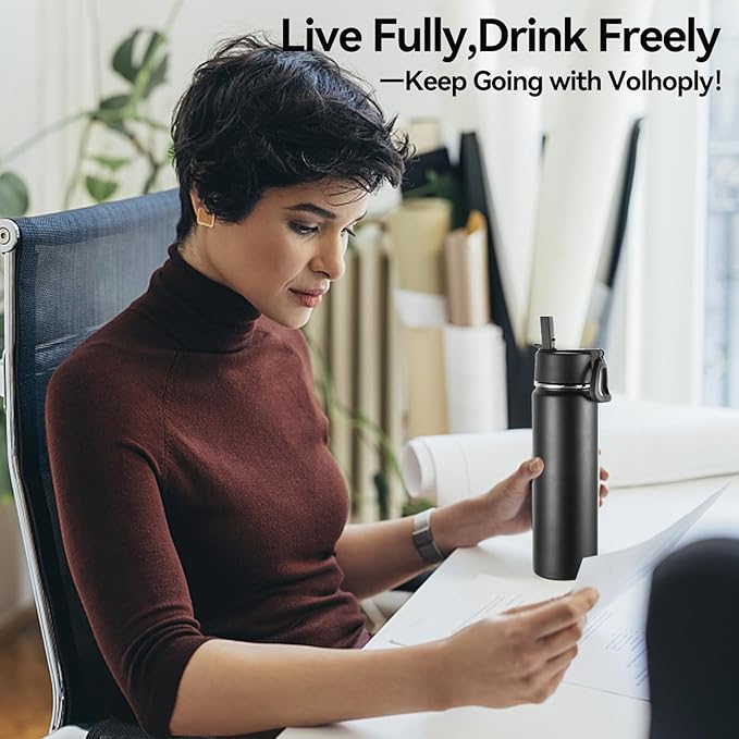 Volhoply 24 Ounce Insulated Water Bottle With Straw Lid,Stainless Steel Wide Mouth Sport Bottles With Handle,Double Wall Vacuum Cups Keep Cold,Reusable Travel Thermal Cups For Holder,Gym(Black,1)