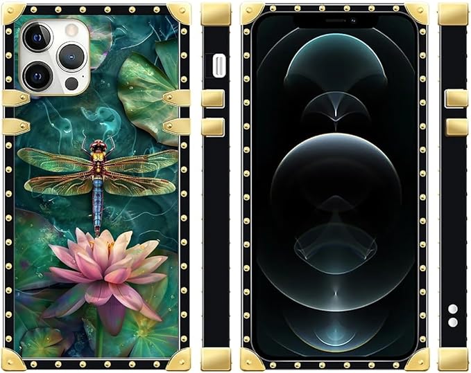 Compatible with iPhone 12 Case, Colourful Dragonfly Pink Lily Pads Luxury Golden Decoration for Girl Women Soft TPU Shockproof Protective Hard PC Back for iPhone 12 Pro