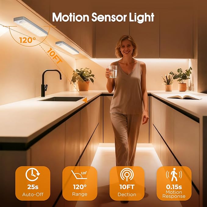 Under Cabinet Rechargeable Dimmable Lighting: 3 Color Temperature Motion Sensor Lights Indoor - Battery Operated Lights - Activated Closet Magnetic Wireless Led Light for Kitchen Home Bathroom 6 Pack
