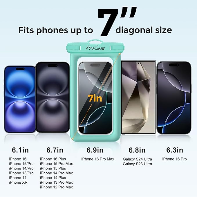 ProCase 2 Pack Floating Waterproof Phone Pouch IPX8, Universal Dry Bag Fits iPhone 17/16/15/14/13 Series, Galaxy S24/S23/S22, Pixel 8/7 (Up to 7”),Touchscreen,Underwater & Snow Protection-Bluegreen