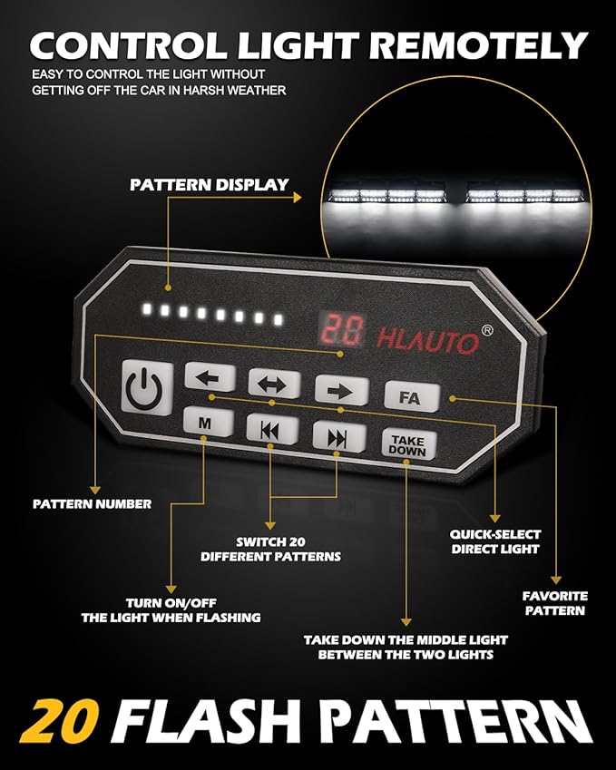 HLauto 604N Emergency Dash Strobe Lights: 2x16.8 inch White Security Light w/Take Down, 48 LED Safety Flashing Warning Hazard Interior Windshield Visor Light Bar for Trucks Vehicles
