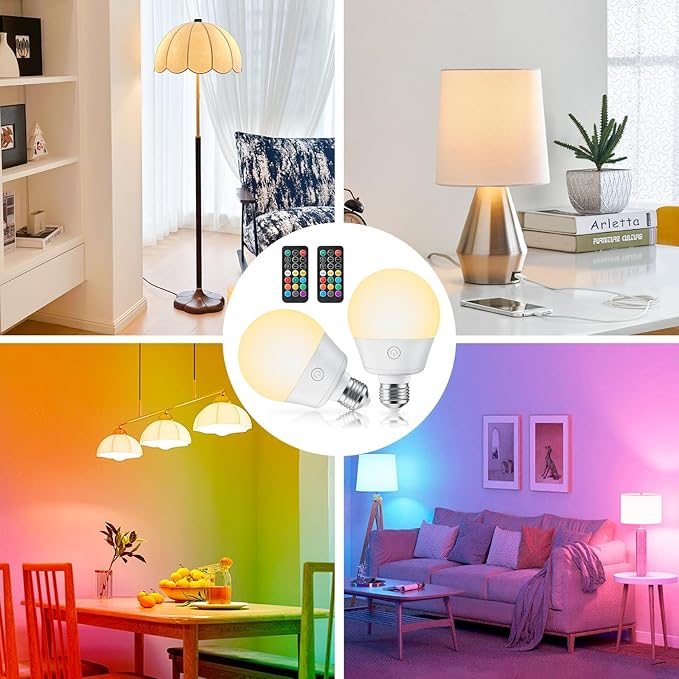 Brightown E26 Rechargeable Light Bulb with Remote and Timer, Battery Backup Bulb for Sconces and Lamps, Magnetic Bulbs for Non-Hardwired Fixture, 3 Color Temperatures + 9 RGB Colors, Dimmable, 2 Pack