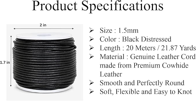 GENIQUE Real/Genuine Round Leather String Cord for Necklace, Bracelets, Jewellery, Braiding (1.5mm, Black Distressed)