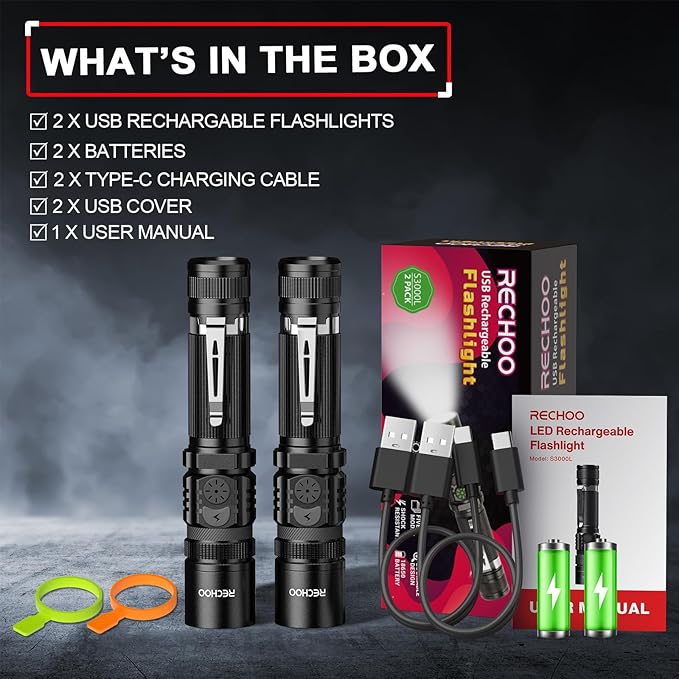 RECHOO Flashlights USB Rechargeable 2 Pack Double Switch S3000L LED Tactical Flashlight High Lumens Super Bright 5 Modes Zoomable Waterproof Flashlight for Camping, Emergency