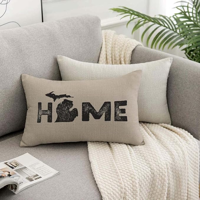 TKS MITLAN Michigan Home State Pillow Covers 12 x 20 Inch Map Home America Artistic Font Contour Border Geography Rustic Linen Throw Pillow Covers 12x20 Inch for Sofa Couch Decoration