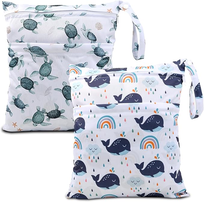 Wet Dry Bags 2-Pack with Cute Dolphin Print - Waterproof Travel Organizer for Swimming Pool Beach Gym Baby Cloth Diapers Swimwear with Dual Zippers