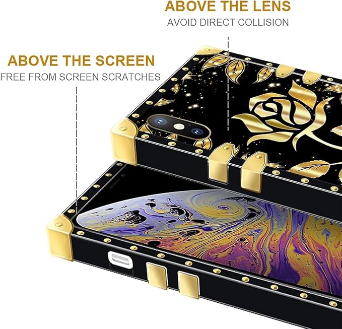 Compatible with iPhone XR Case, Shine Gold Rose Luxury Golden Decoration for Girl Women Soft TPU Shockproof Protective Hard PC Back for iPhone XR
