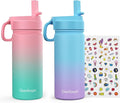 Kids Water Bottle, 2-Pack 16oz Kids Water Bottle with Stickers for School, insulated Stainless Steel Straw Cup(Pink+Blue)