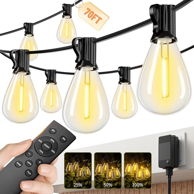 70FT LED Outdoor String Lights with Remote, One Continuous Strand Patio Lights with 24+1 Shatterproof S11 Bulbs, Dimmable 2700K Warm White, Timer & 3 Modes, Low Voltage for Backyard Garden