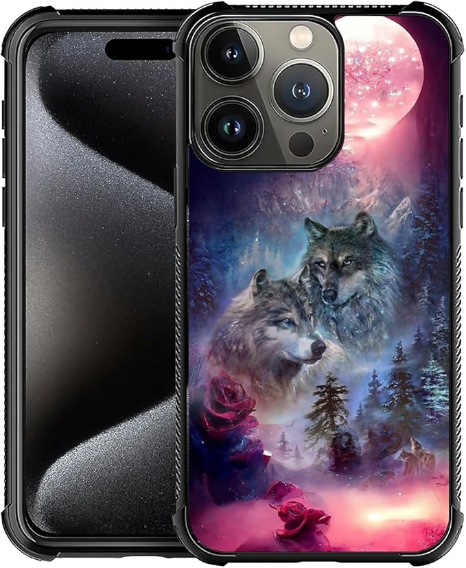 for iPhone 16 Pro Case, Star Two Wolfs Howling Pattern Graphic Design Girl Boy Soft Silicone Hard Acrylic Shock Protection for iPhone 16 Pro