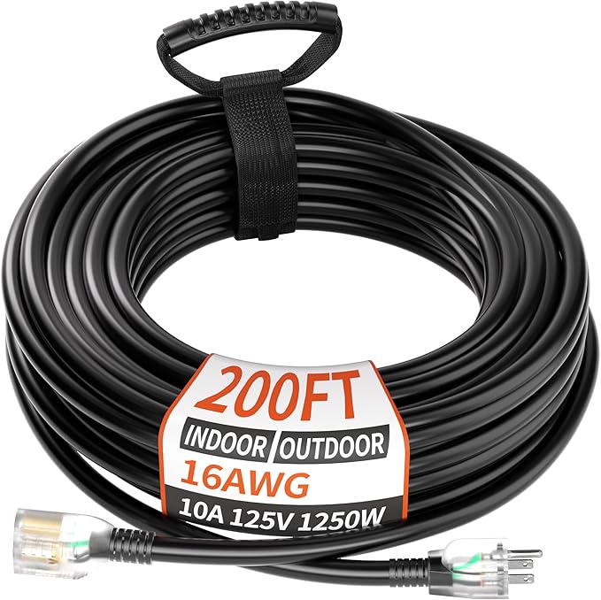 PlugSaf 16/3 Gauge 200 ft Extension Cord Outdoor Black Waterproof, Cold Weatherproof -58°F, Flame Retardant, Flexible 3 Prong Electric Cord for Lawn Office,10A 1250W 16AWG SJTW, ETL Listed